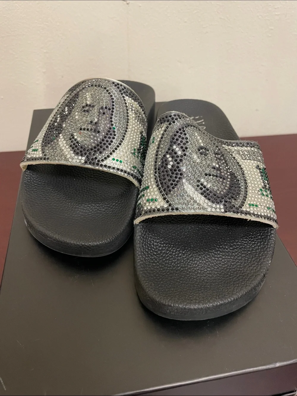 Embellished Black Slide Sandals with Rhinestone Money Print | Size: M6